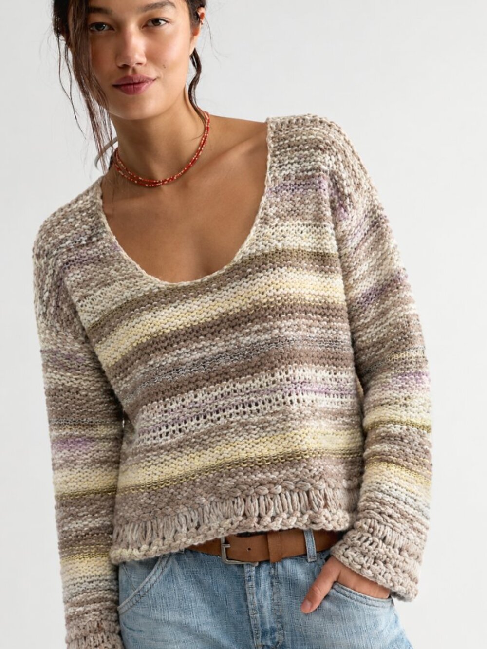 FREE PEOPLE CROPPED STRIPE LOOPY SWEATER